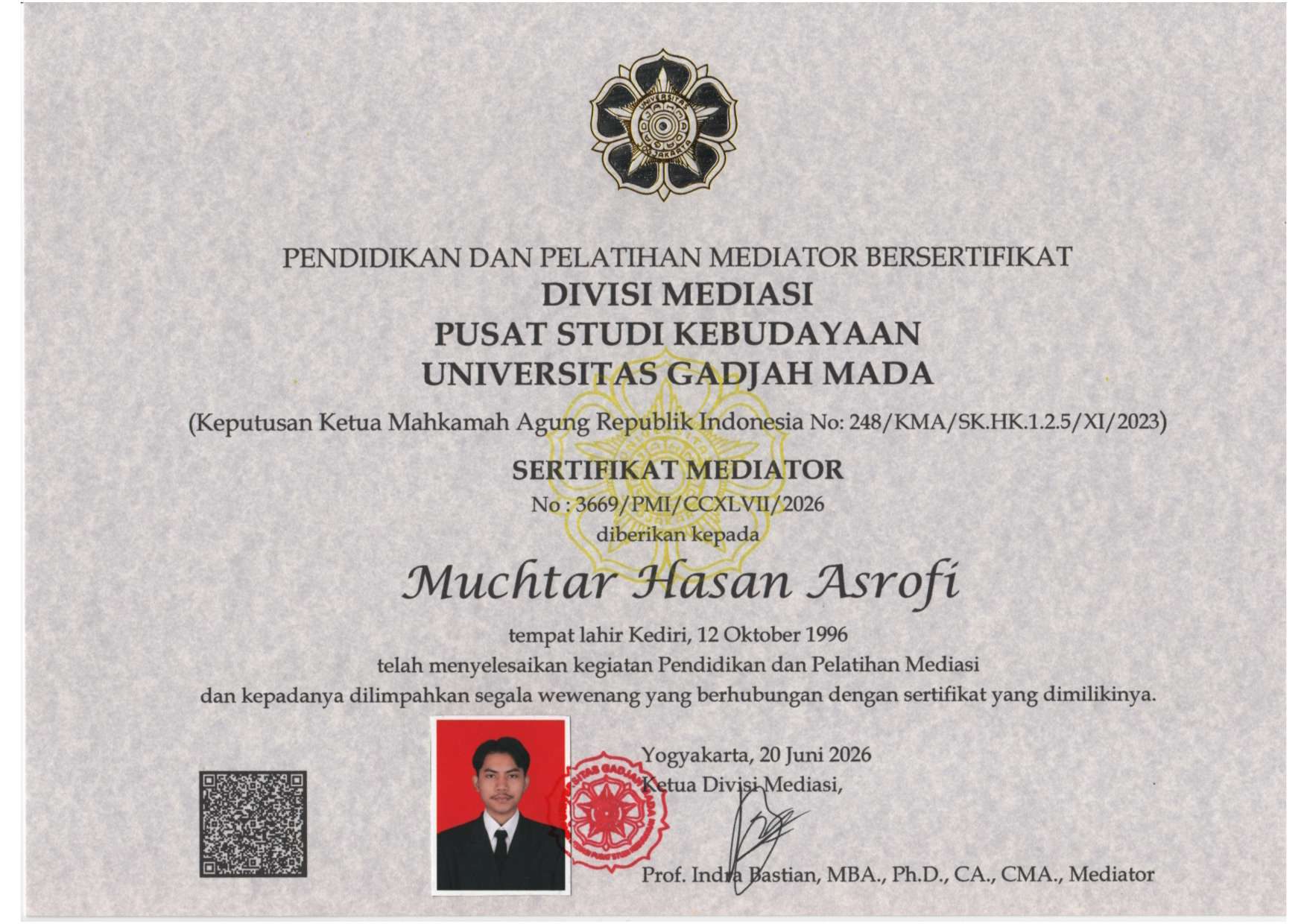 Sertifikat Mediator — Muchtar Hasan Asrofi